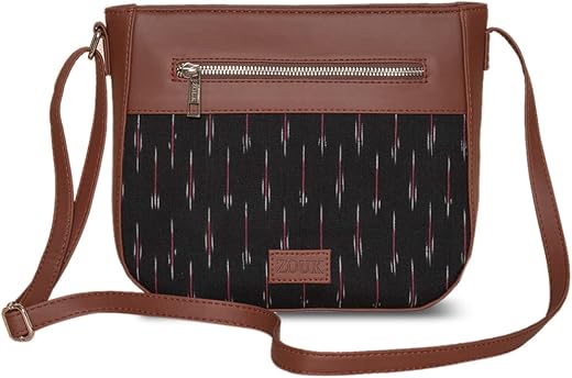 ZOUK Women's Handcrafted Black Ikat GreRed U Shaped Sling Bag