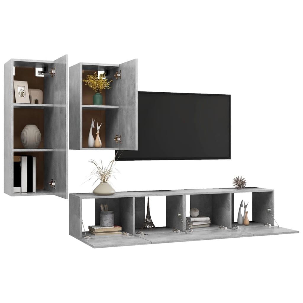 4-częściowy zestaw szafek telewizyjnych betonowo-szary, materiał drewnopochodny, wiszący, nowoczesny design, duża przestrzeń do przechowywania, konsola multimedialna do salonu, trwała