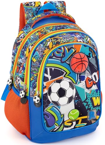 Mochila escolar ergonómica infantil niño 6–10 años 43×33×15 cm – tirantes acolchados, fondo reforzado, con cinta para trolley – Diseño fútbol y baloncesto – Julian Ross