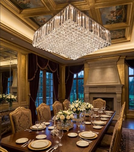 Image of Sanleen Enterprises Rectangular Crystal Chandelier Ceiling Light 24x36 Inch | Modern LED Flush Mount Ceiling Lamp for Living Room, Dining Room, Hall & Home Decor | Luxury Jhoomar