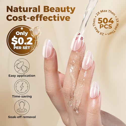 Image of UNA GELLA Short Almond Nail Tips: 504PCS Short Fake Nails Soft Press On Gel Nail Tips Pre Shaped Almond Shape Home Nail Extension Full Cover, 12 Sizes Acrylic Gelly Tips