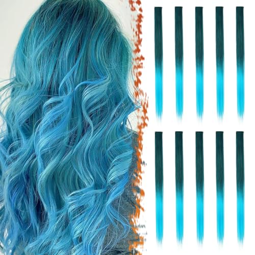 BARSDAR Colored Blue Hair Extensions Clip in - 22 Inch 10 PCs Party Highlights Clips in Hair Extensions Straight Synthetic Clip in Hairpieces for Women Halloween Christmas Costume - Ombre Blue