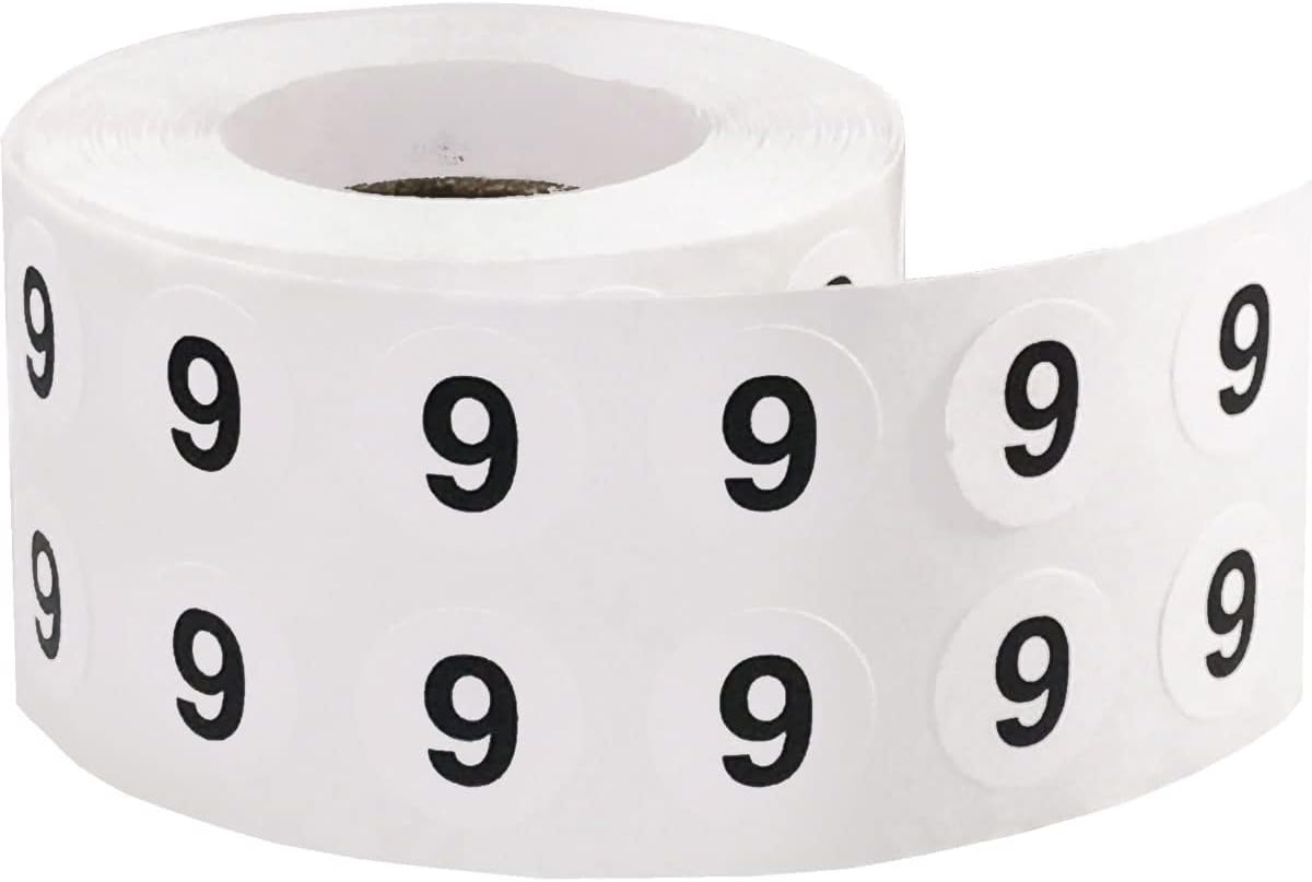 1/2" Inch Number 9 Stickers, Semi-Gloss White Round Labels with Black Text, 1000 Labels on a Roll, Perfect for Home Organization and Office Management, Permanent Adhesive