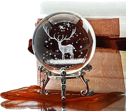 H&D HYALINE & DORA 60mm 3D Inner Carving Christmas Deer Crystal Ball Paperweight Glass Sphere Laser Engraved Ball with Sliver-Plated Flowering Stand Home Art Decor