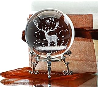H&D HYALINE & DORA 60mm 3D Inner Carving Christmas Deer Crystal Ball Paperweight Glass Sphere Laser Engraved Ball with Sliver-Plated Flowering Stand Home Art Decor