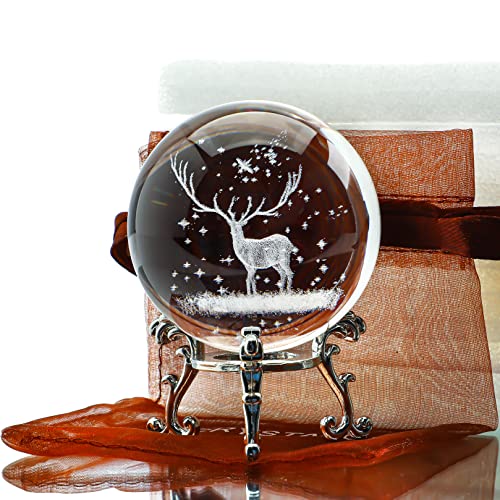 H&D Hyaline & Dora 60Mm 3D Inner Carving Christmas Deer Crystal Ball Paperweight Glass Sphere Laser Engraved Ball With Sliver-Plated Flowering Stand Home Art Decor #TOP24