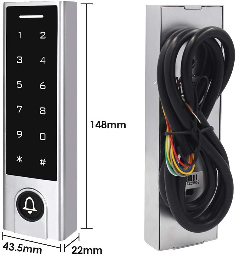 Dimensions of the BSTUOKEY access control keypad: 148mm height, 43.5mm width, 22mm depth.