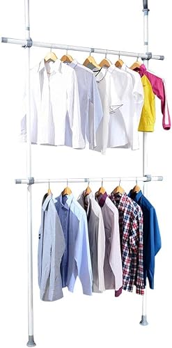 Adjustable Clothes Garment Rack For Hanging Clothes With 2 Layers Of Retractable Heavy Closet Hanger Rods, Rolling Garment Rack With Shelves Carbon Steel Material 30"W X 97"L To 53"W X 119" L #TOP13