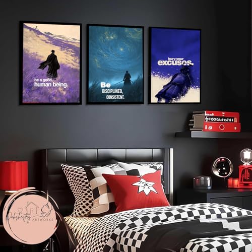 Image of DAKSHESTRY ARTWORKS Set of 3 Samurai Motivational Wall Art Prints - Warrior Discipline Quote Framed Posters for Bedroom Office Home Gym Decor (A4 8x12 Inch, Black Frame)