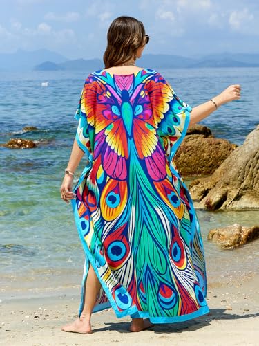 Image of sunforyou Kaftan Dresses for Women Plus Size Lightweight Swimsuit Cover up Batwing Sleeve Print Loungewear Beach Robe