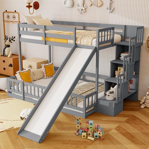 Image of YOPTO Twin Over Full Bunk Bed with Slide,Storage Staircase & Safety Guardrails,Wooden Bunk Bed w /Slat Support,Space Saving,Bedframe Furniture for Student Dorms,Studio,Grey