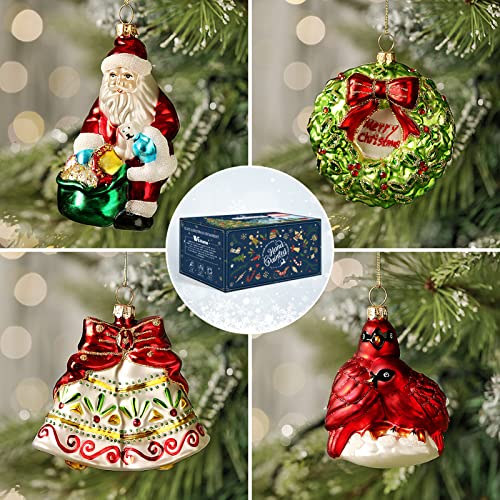 Wbhome Christmas Glass Ornaments, Hand Crafted Santa Claus With Cardianl, Garland, Bell Ornaments Set For Christmas Tree, Traditional Xmas Decorations Gifts, 4Pcs #TOP3