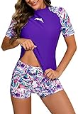 Halcurt Women Two Piece Short Sleeve Rash Guard Set Swimsuit UPF 50+ UV Sun Protection Swim Shirt wi
