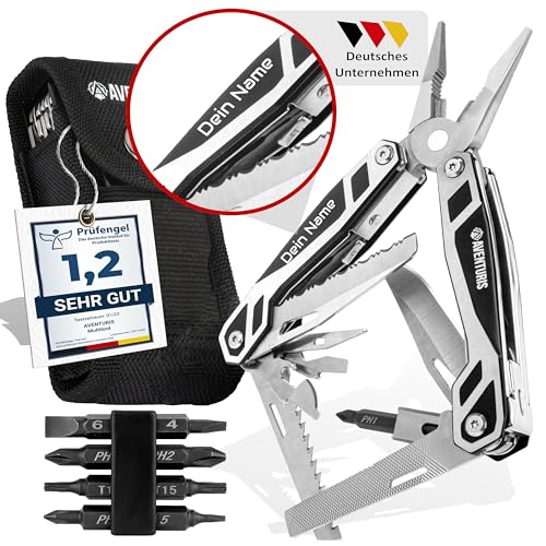 AVENTURIS® Multitool-Werkzeug -PERSONALISIERBAR- 21 Funktionen [Edelstahl] Ein Multifunktionswerkzeug DAS gadgets für männer, Multitool mit Messer, Zange und Schraubendreher, Multifunktionstool