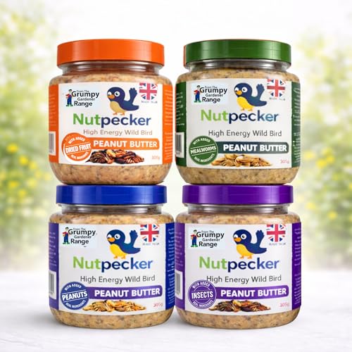 Grumpy Gardener NutPecker Peanut Butter Bird Food for Wild Birds - Mixed Variety Suet Bird Feeding Nourishment High-Energy Made in the UK Wild Bird Food | Variety Flavors 4 x 330g each