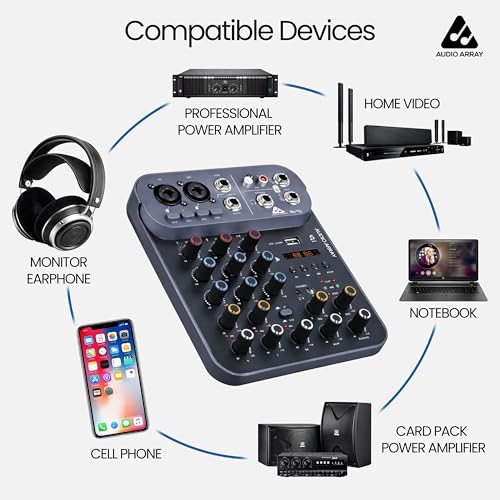 Image of Audio Array Sound Mixer 2026 Edition Audio Mixer 4 Channel Hybrid USB Control | 4 Analog 2 Digital | 2XLR Mic Inputs,TRS Stereo In |48V Phantom | Hi-Z,2 Band EQ,Monitoring,Amp Out, USB-C Power | AI-13
