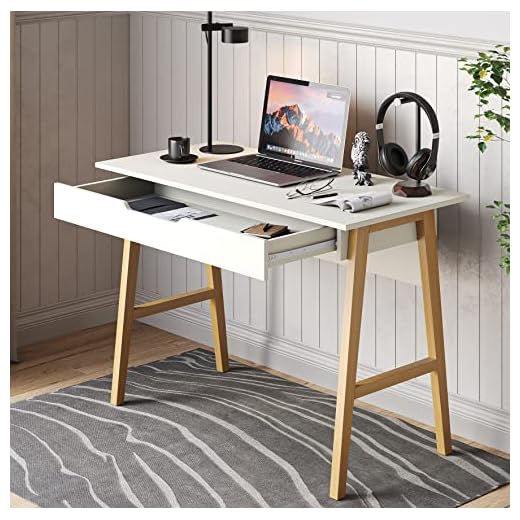 Parma 42 Inch Modern Desk - Home & Office Small Computer Desk with Wide Drawer - Wooden Study Writing Minimalist Desk with Storage for Small Space, Bedroom & Workstations - Student Desk/Table (White)