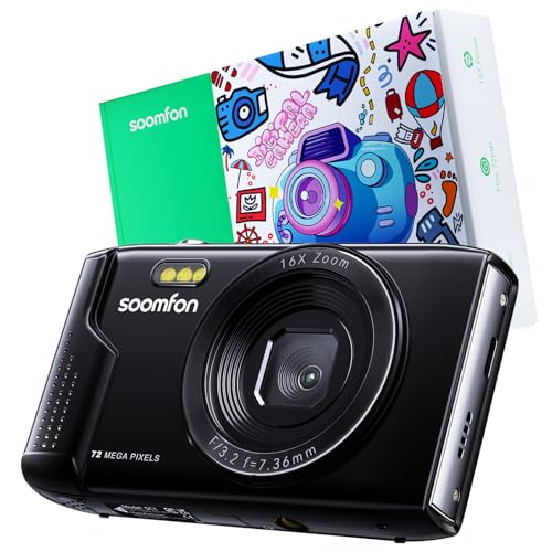 SOOMFON Fotocamera digitale 72MP, macchina fotografica digitale compatta con zoom 16X, schermo 2,8', 32GB, 2 batterie – Macchinetta fotografica vintage per bambini e principianti (Nero)