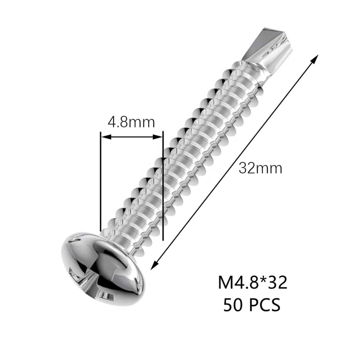 50 PCS Stainless Steel Round Head Drilling Self Tapping Screws for Metal (M4.8 * 32mm), Silver - Image 2