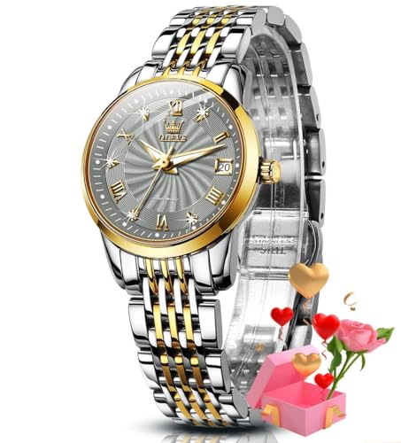 OLEVS Women Automatic Watch Diamond Mechanical Self Winding Fashion Elegant Dress Wrist Watch Luminous Waterproof Stainless Steel Date, 6630:two Tone Band&grey Dial, Classic