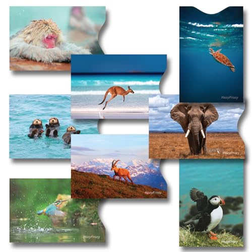 8 RFID Blocking Sleeves, Anti-Theft Credit Card Holder and Protector, Easy to Recognize, Different Designs, Sea Turtle, Kingfisher, Elephant, Monkey, Kangaroo, Goat, Sea Otter, Atlantic Puffin