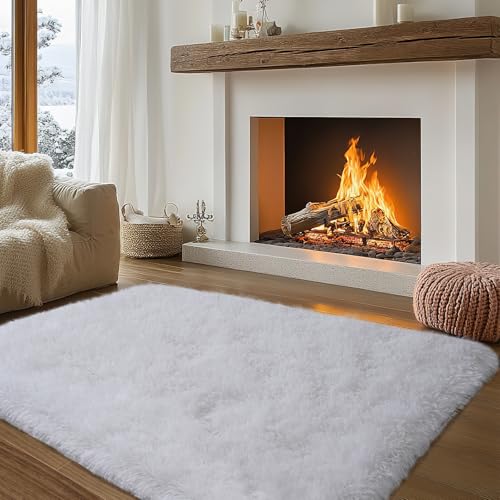 Zentavio Area Rugs for Living Room Small Carpet for Bedroom 3x5 Bedside Washable Soft Fluffy Shag Aesthetic Plush High Pile Throw Rug for Nursery Kids Room Dorm Room White