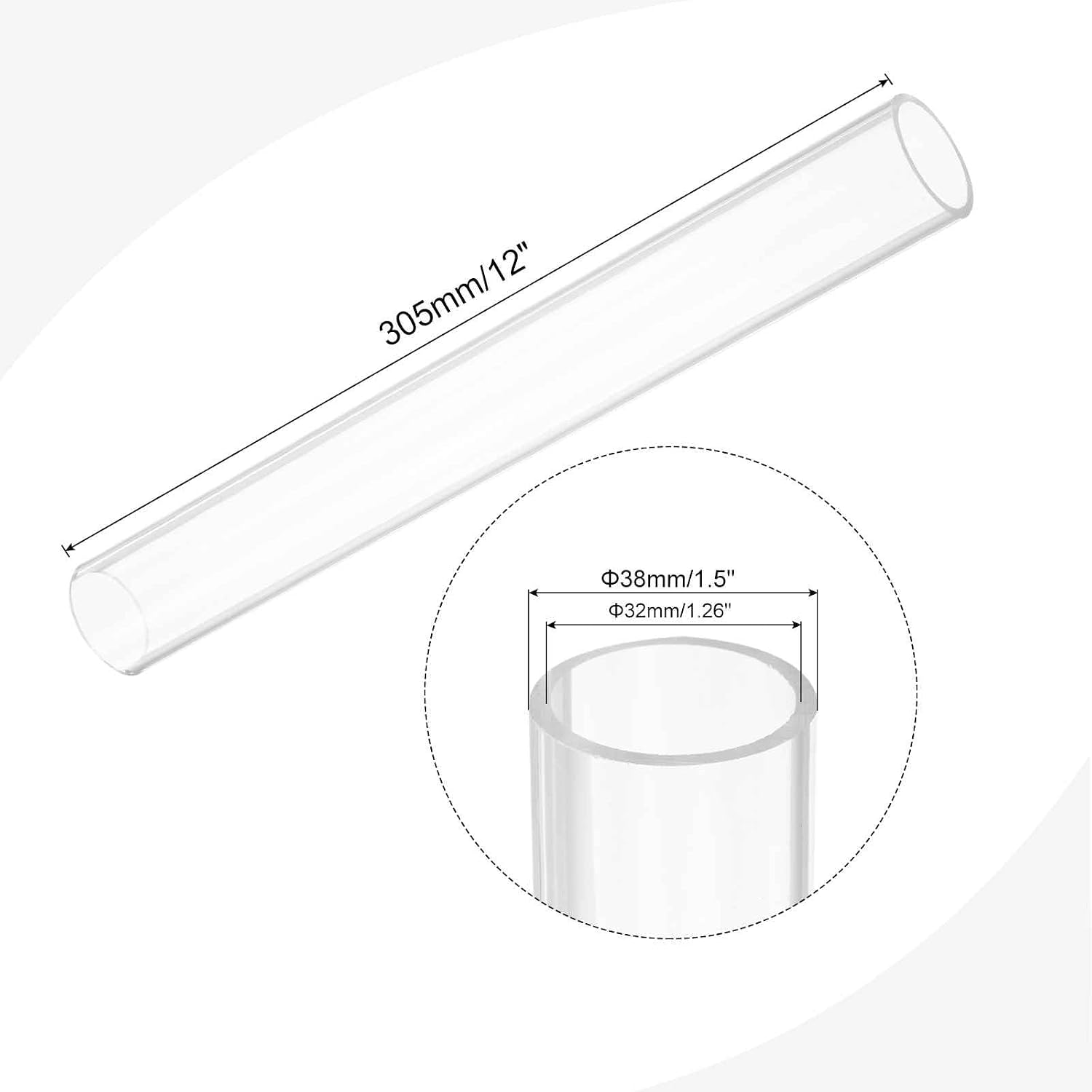 MECCANIXITY Acrylic Pipe Rigid Round Tube Clear 32mm(1.26") ID 38mm(1 1/2") OD 305mm(12") for Lamps and Lanterns,Water Cooling System