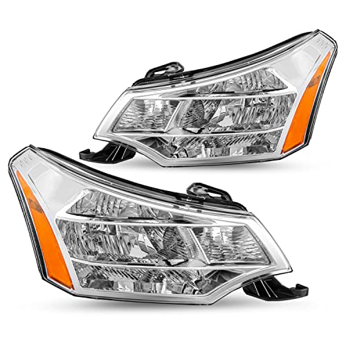 TUSDAR Headlight Assembly Set Fit for 2008 2009 2010 2011 Ford Focus Front Headlights S | SE | SES | SEL Passenger & Driver Side (Chrome Housing with Amber Reflector)