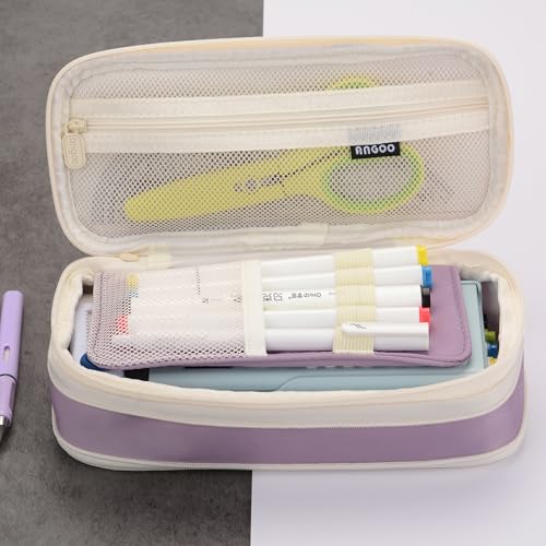 Image of Large Capacity Canvas Pencil Case Organizer Holder Pouch Bag with Zipper Compartments, Pen Cases for Women Girls School Adults (Purple)