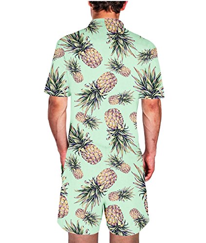 Idgreatim Men Pineapple Graphic Zipper Closure Short Sleeve Hawaiian Rompers Jumpsuit Overall - Thumbnail 7