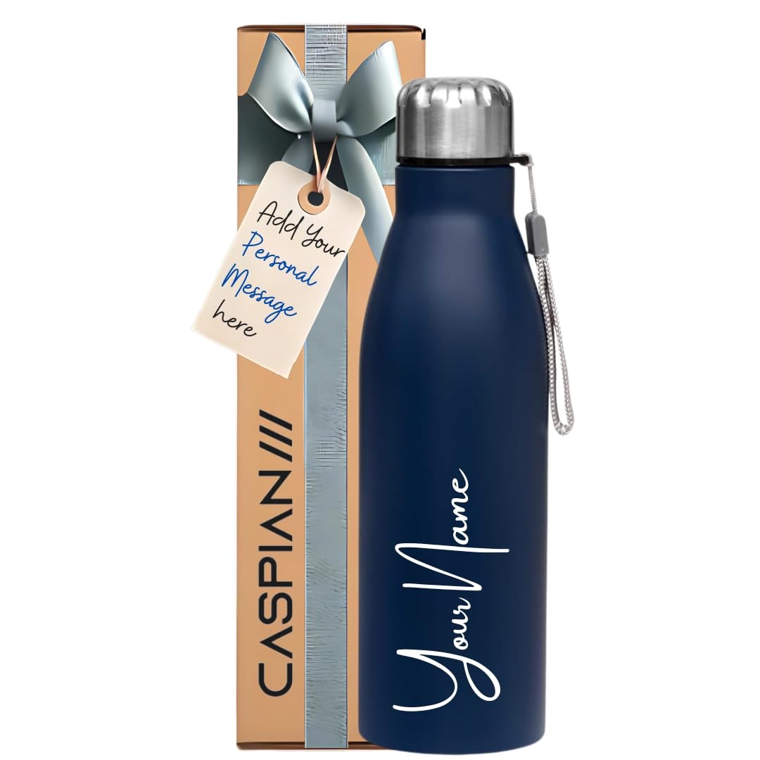 CASPIAN /// Bolt Customised Stainless Steel Water Bottle 1L, Blue with Logo Print - Personalised Water Bottle with Your Name Print for Kids Boys Girls School Office Gym- Perfect for Corporate Gifting