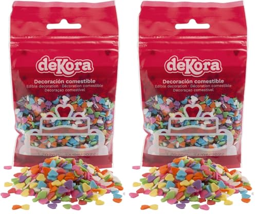 dekora - Confeti de azúcar en Forma de Corazón 100g, Adornos comestibles para Tartas, Cupcakes, Donuts, Colores Surtidos, sin Gluten, sin lactosa (Paquete de 2)
