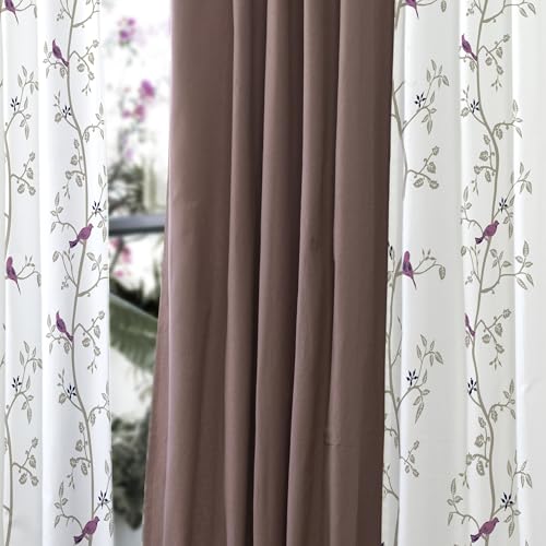 Image of Tranquebar Curtain Co. Cotton Curtains 7 Feet Long Set of 3, 60-65% Room Darkening, Pink Bird Print, Door Curtains 7 Feet Long Set of 3, BackTabs, Yori Red Combo(213 cm) - Set of 3