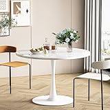 DKLGG 32' Modern Round Dining Table with Printed Marble Top, Metal Base Pedestal Tulip Table for 2-4 Persons, Small Space Home, End Table, Leisure Coffee Table