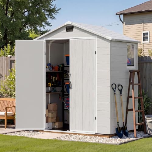 Image of Patiowell 6X4 FT Plastic Outdoor Storage Shed with Floor, Resin Tool Sheds with Lockable Door and Window, Weather-Resistant Garden Shed, Easy Assembly for Backyard, Patio, Light Grey