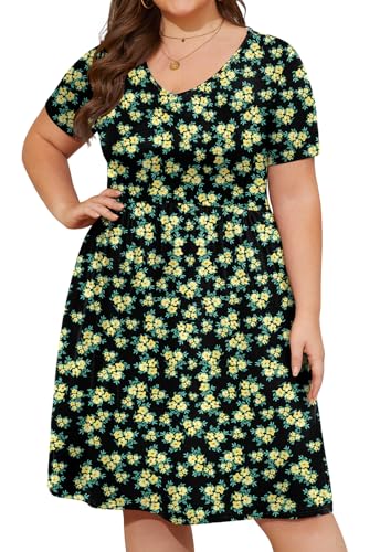 Image of DB MOON Women Plus Size Dresses 2026 Summer Casual V Neck Short Sleeve Knee Length Dress with Pockets