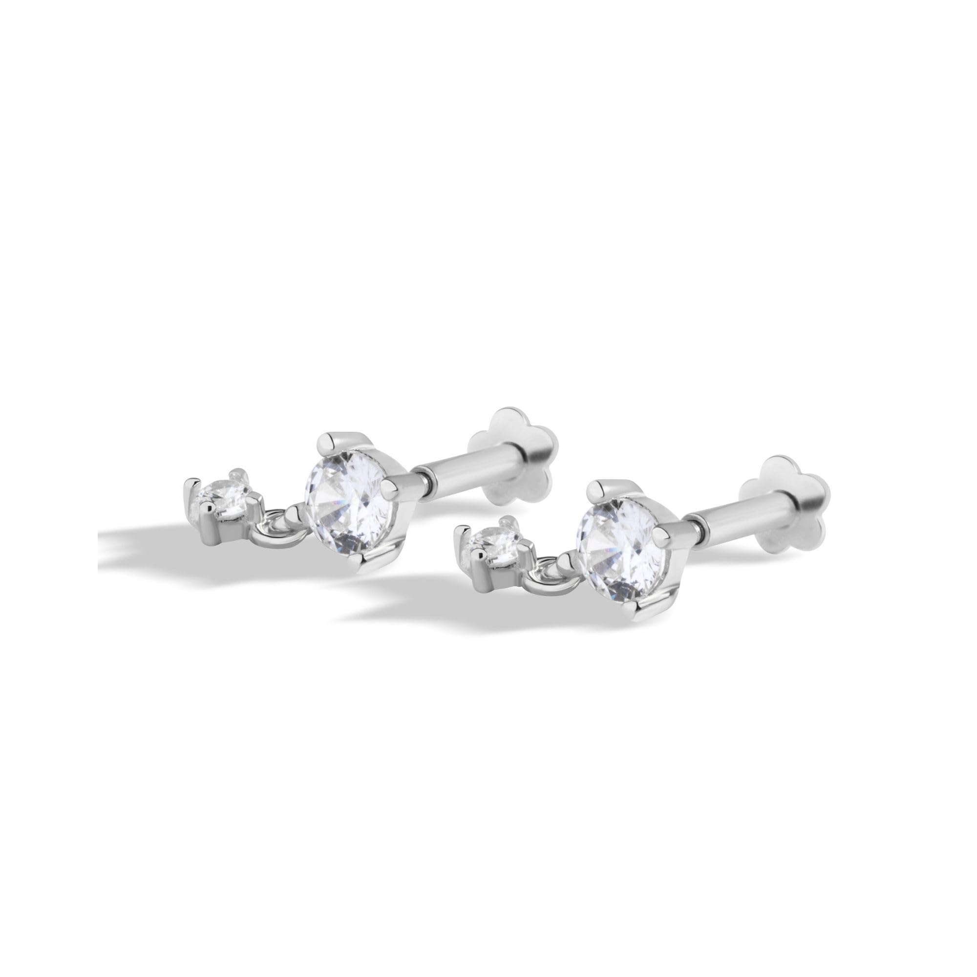 925 silver dangle threaded flat back screw stud earrings for women | rhodium plated flat back screw earrings with mini dangle | minimal everyday jewellery