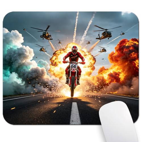 Motorcycle Chase with Military Helicopters Mouse Pad, Fantasy Desk Mat