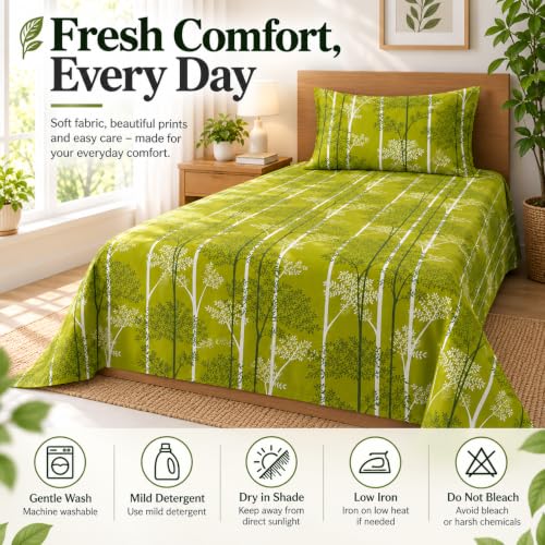 Image of Cottington Lane Cotton Single Bedsheet 68x90 Inch, Green Forest Escape