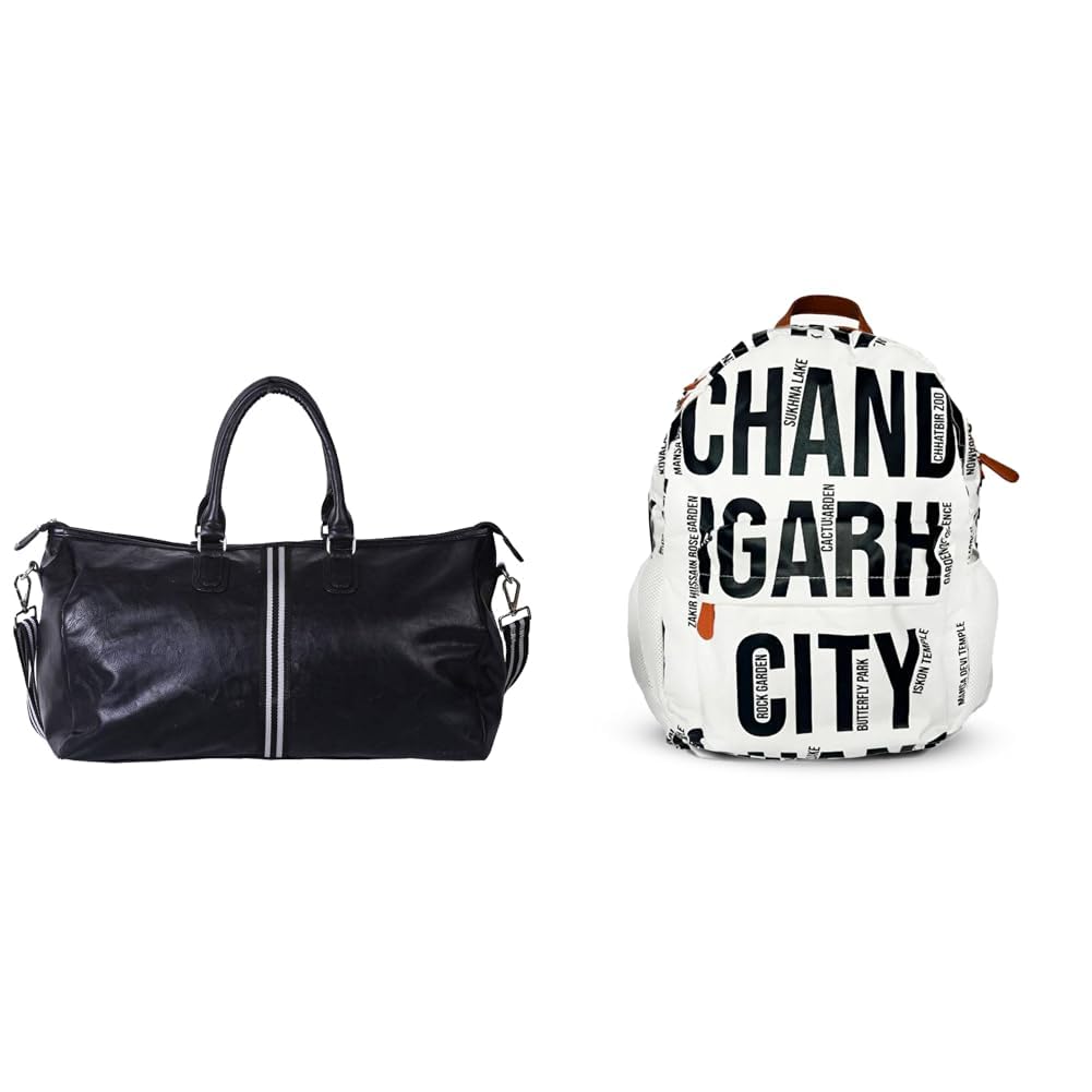 Genuine Leatherette Black & White Travel Bag for Men Women (25 Liters) + Air Backpack White Chandigarh City Print 20L Lightweight Waterproof Anti-Theft Nylon Laptop Backpack for Men &-image-25
