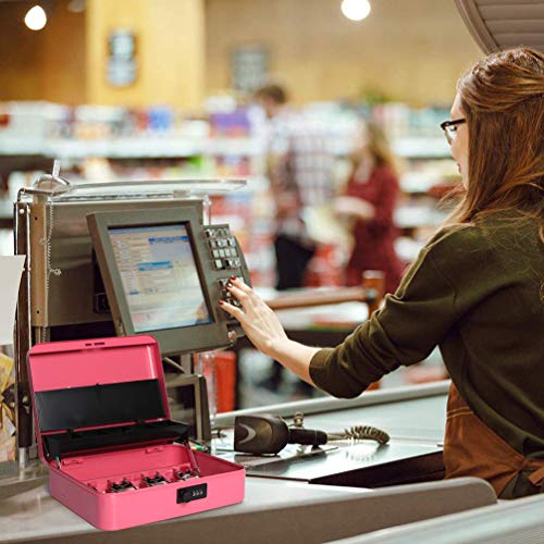 Metal Cantilever Cash Box with Key Lock, Decaller Large Lock Money Box - 5 Compartments with Cover & 4 Spring-Loaded Clips for Bills, Pink, 11 4/5\" x 9 2/5\" x 3 1/2\"