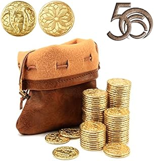 Byhoo Fantasy Dungeons and Dragons Metal Coins Set with Leather Bag, The Novelty Board Games Tokens Treasure and Retro Props, 50 Magic Sparkling DND Golden Coins for Party TRPG Game with