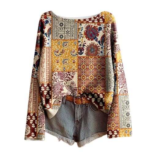 Camiseta de manga larga para mujer con estampado de patchwork, parte superior ligera en estilo bohemio, camiseta colorida con estampados florales y ornamentales, Style_n01 Amarillo, 3XL
