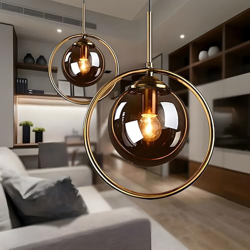 Image of Golden Metal & Smoke Glass Ring Shape Hanging Light, Living Room, Bedroom, Home Decor, E27 Bulb Holder (Without Bulb)