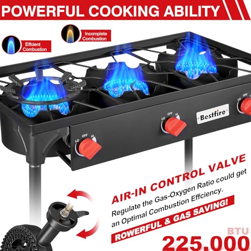 Image of Bestfire 3 Burners Camping Stove for Cooking Outdoor, 225,000 BTU Propane Burners with Ignition wire&Removable Legs, Temperature Control Knobs and 20 PSIG High Pressure Regulator for BBQ
