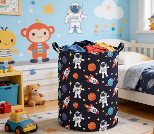 Image of Baby Laundry Basket Kids Hamper Toy Storage Bin for Boys Room Decor Baby Nursery Hamper Gift Baskets for Bedroom Bathroom(Blue Astronaut)