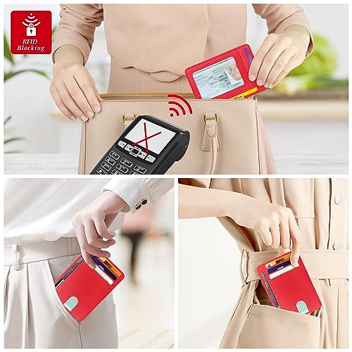Image of CONISY Slim Credit Card Holder for Women, Thin Front Pocket Leather Mini Wallet with RFID Blocking (Red)
