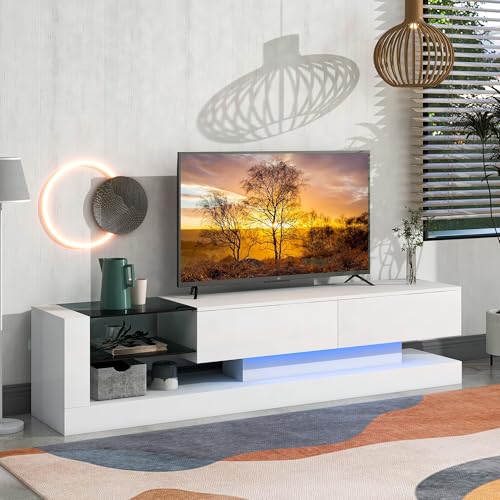Banzeem LED TV Stand for 55 65 75 Inch TV, Entertainment Center Equipped with Two Pull-Down Door Storage, 50 60 70 Inch TV Console with Tempered Glass and Power Cord for Living Room, White