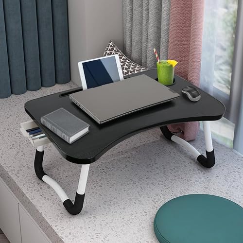 Image of TEKCOOL Study Table Foldable Wooden Laptop Bed Tray Table, Multifunction Lap Tablet Desk with Cup Holder, Perfect for Eating Breakfast, Reading Book, Working, Watching Movie On Bed;