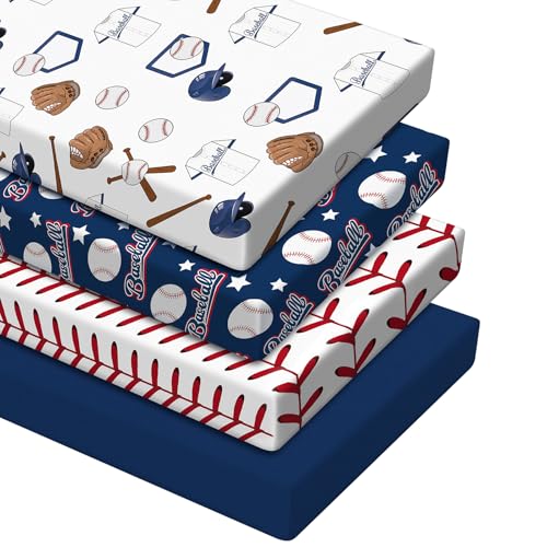 VitalCozy 4 Pcs Baseball Crib Sheet Set Newborn Bedding Nursery Baby Sheets for Girl Boys Baby Gifts for Standard Crib and Toddler Mattresses, 52 x 28 x 8 Inches